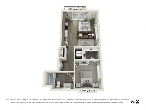 Floor plan for 1 bed, 1 bath, 655 sqft